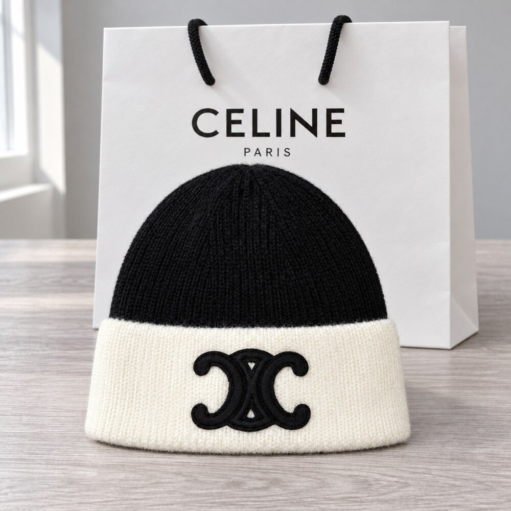 CELINE Triomphe Two Tone Knit Beanie